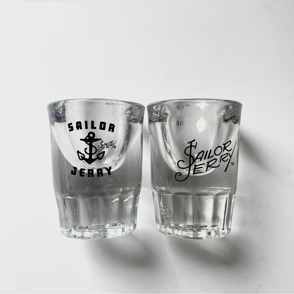 Vintage SAILOR JERRY Spiced Rum 1/2 oz Heavy Bottom Shot Glass 2 Tattoo Art
